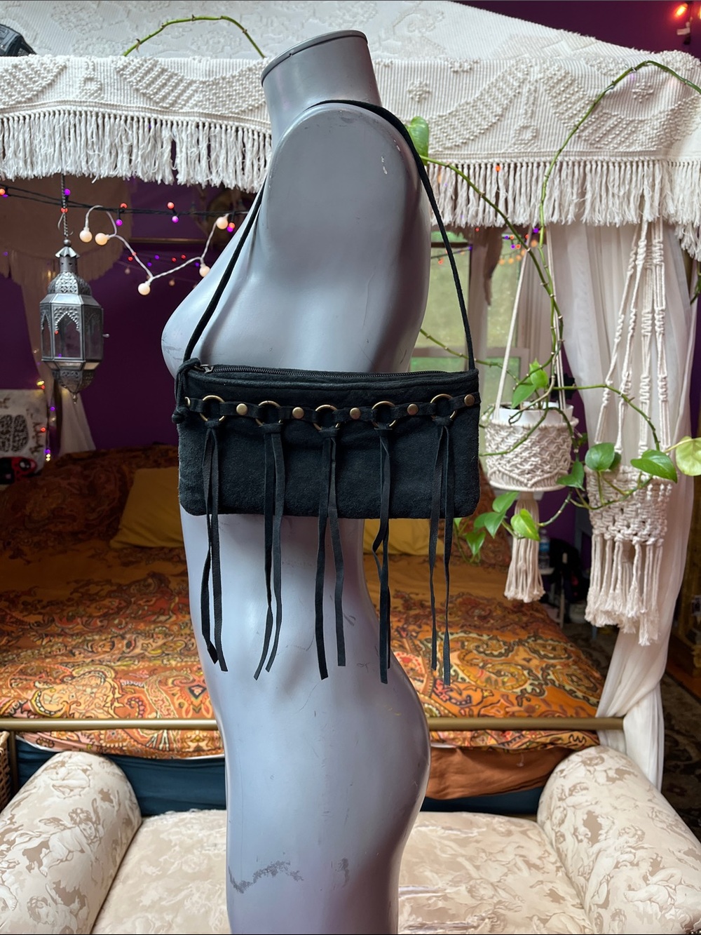 Vintage Y2K Goth Grunge fringe tassel faux suede mini shoulder bag / purse